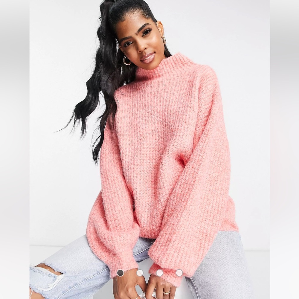 ASOS DESIGN high neck jumper in fluffy yarn in pink
